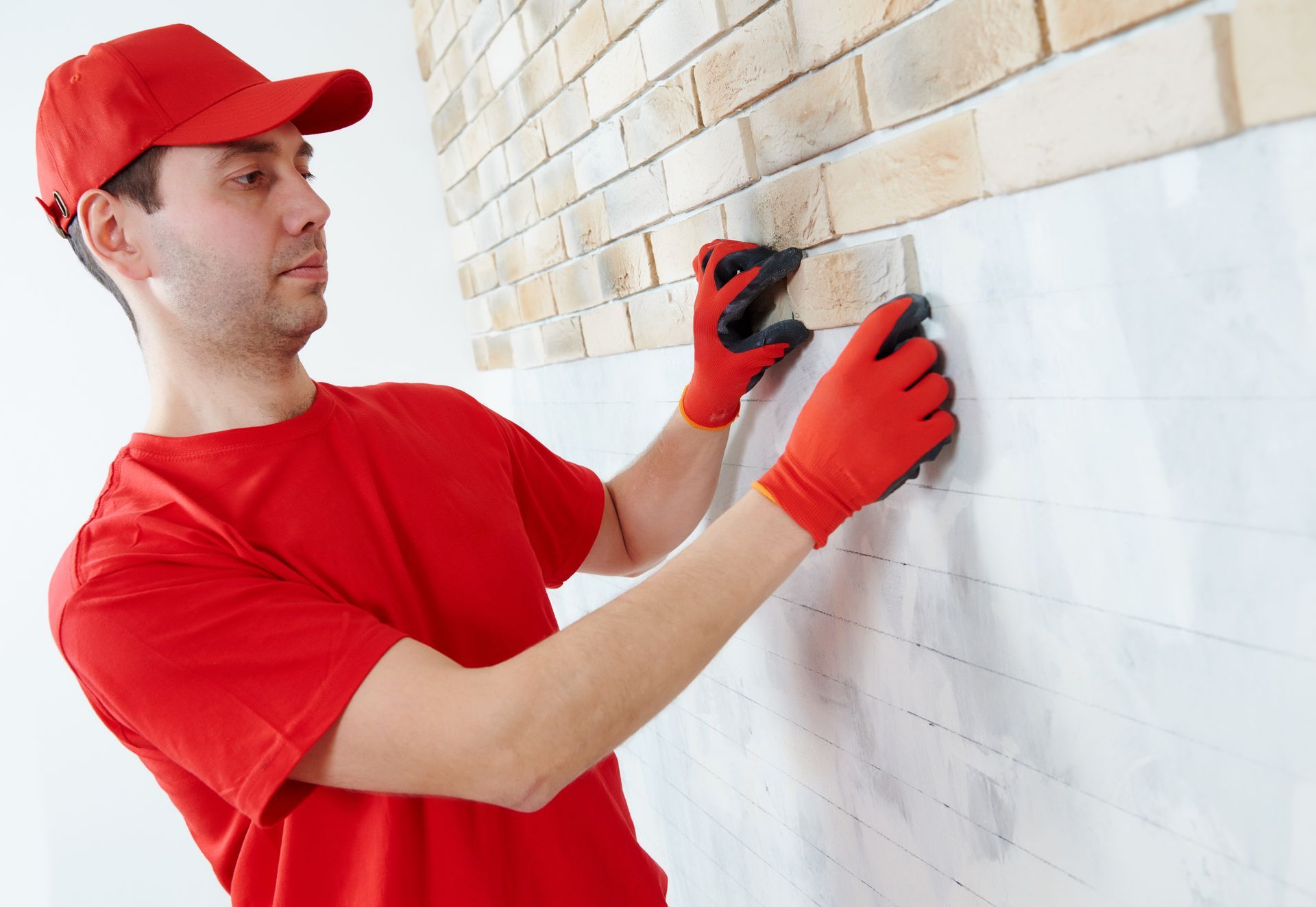 Person in red cap and shirt, wearing gloves, installing brick-look tile on a white wall.