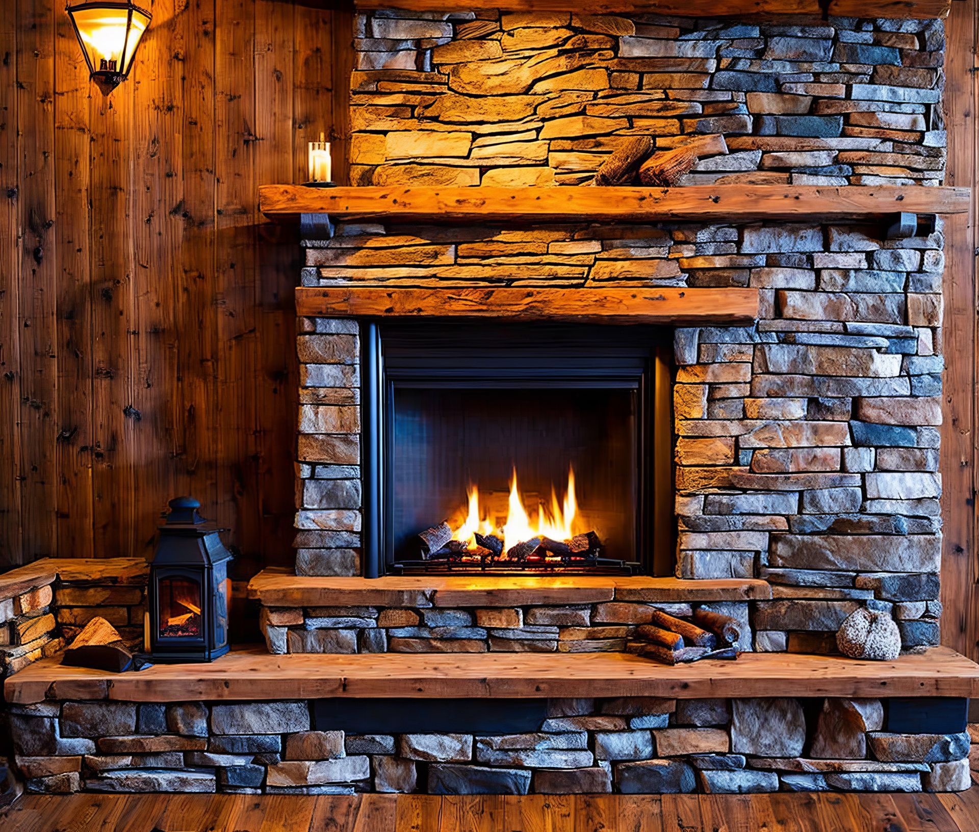 Fireplace with stone surround, lit fire, wooden mantel, and wooden paneling.