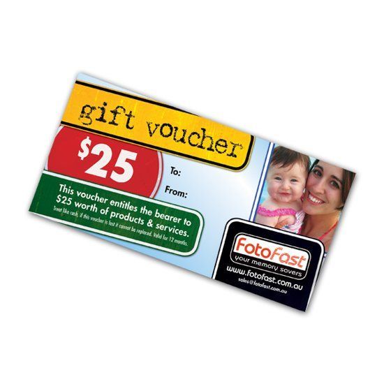Gift voucher for $25 from FotoFast, featuring text and a photo of a mother and baby.