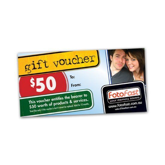 Gift voucher for $50 from FotoFast with a couple's photo on the side, featuring yellow, red, and blue colors.