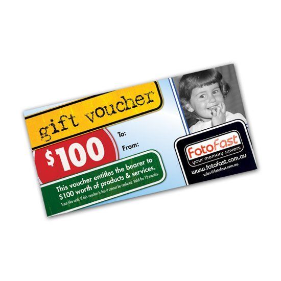 Gift voucher for $100 from FotoFast, featuring a smiling child's photo.