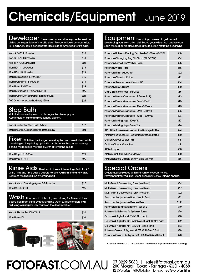 A product catalog from FotoFast, listing chemicals and equipment with black