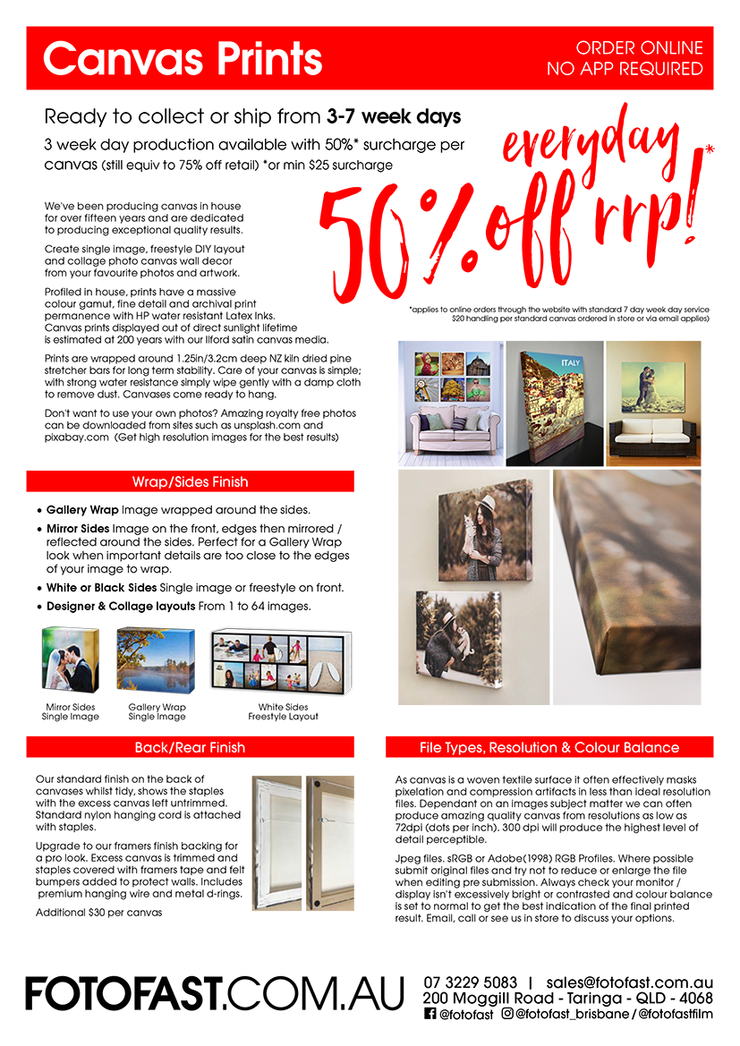 Advertisement for Canvas Prints: 50% off retail price. Displays examples of canvas prints with various photos and sizes.