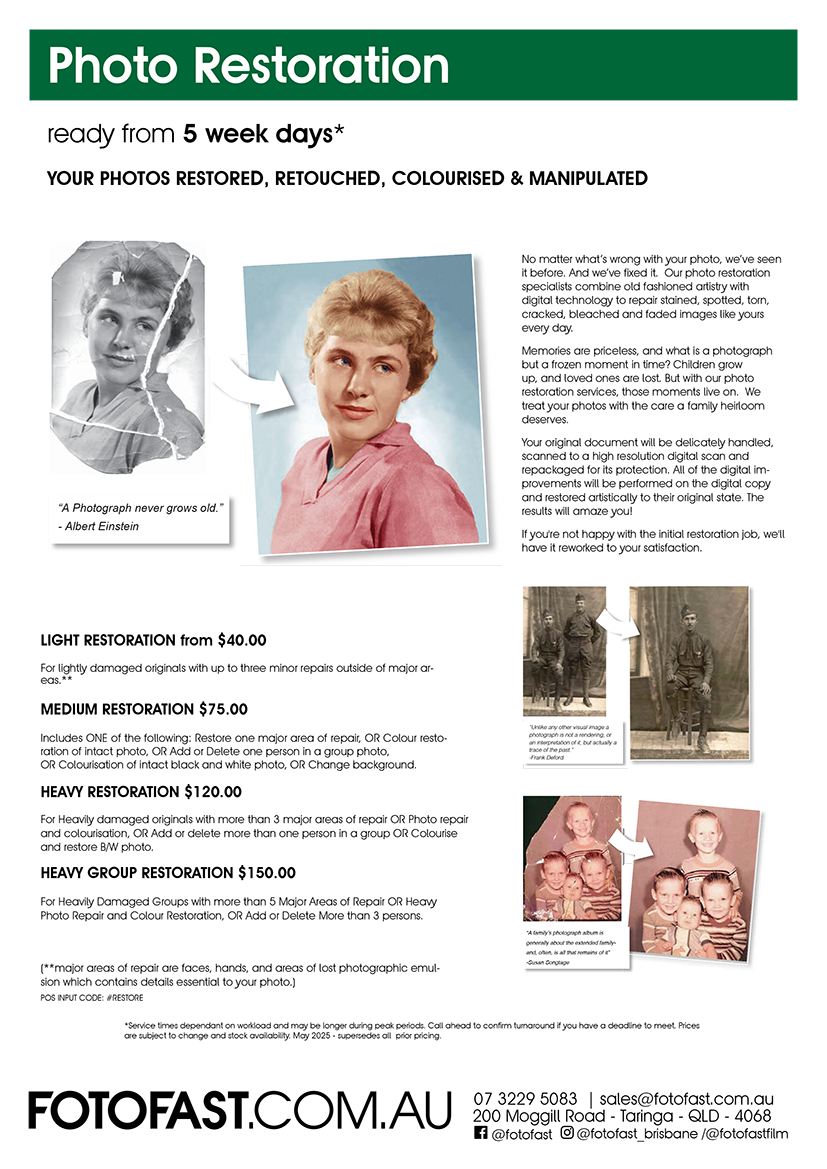 Photo restoration advertisement. Shows before and after images of restored photos.