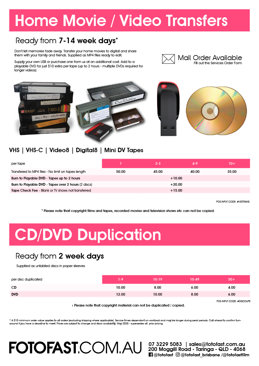 Advertisement for home movie/video transfers and CD/DVD duplication. Shows various media types, pricing.