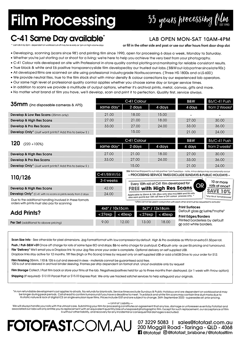 Film processing price list for C-41 film and other film types. Includes different film sizes and processing times.