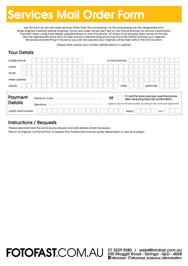 Mail order form with fields for customer details, payment information, and instructions.