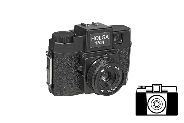 Black Holga 120N camera on a white background. A small, black and white icon of the camera is in the lower right corner.