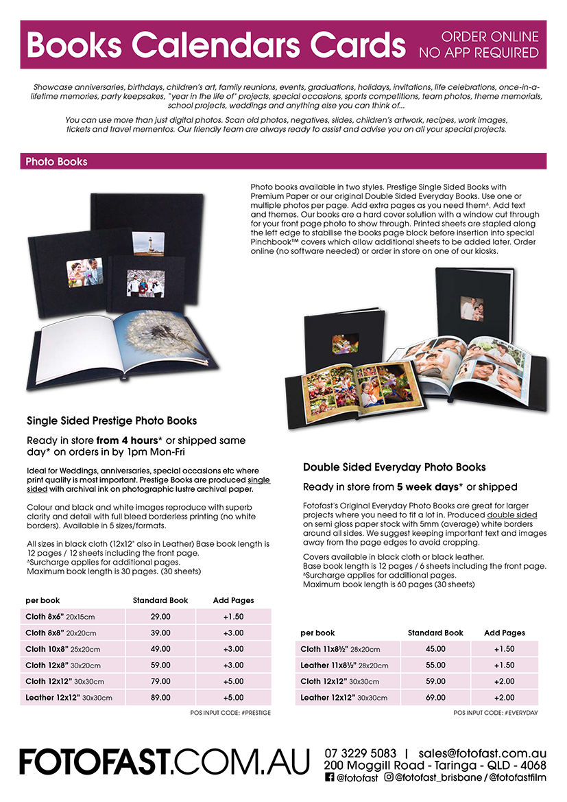 Advertisement for FotoFast featuring photo books, calendars, and cards, with price lists and product photos of albums.