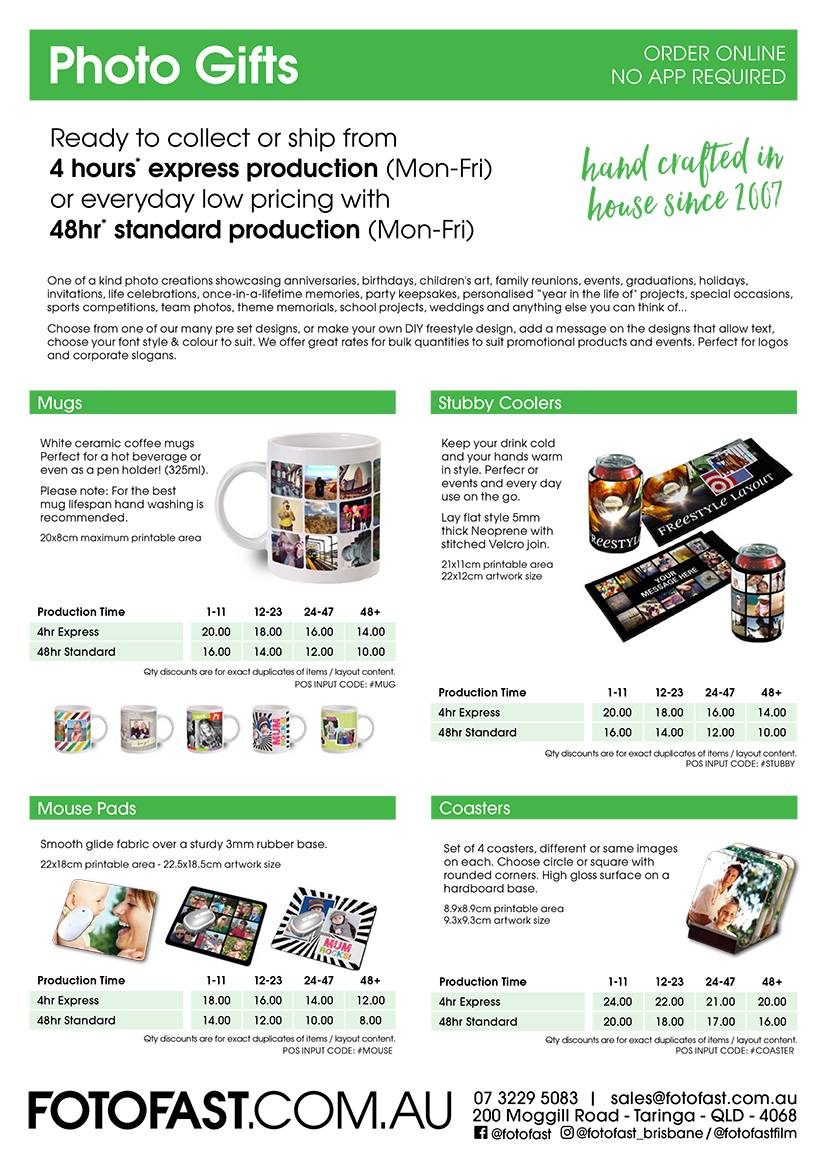 A print services advertisement. It lists photo gifts like mugs, mousepads, and coasters, with prices and turnaround times.