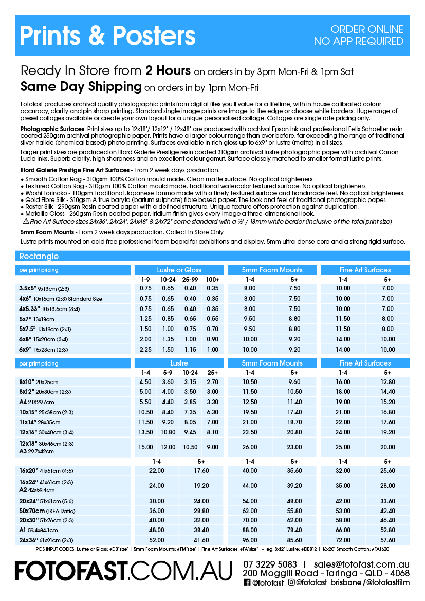 Price list for prints and posters, offering same-day shipping and two-hour in-store pickup, from Fotofast.com.au.