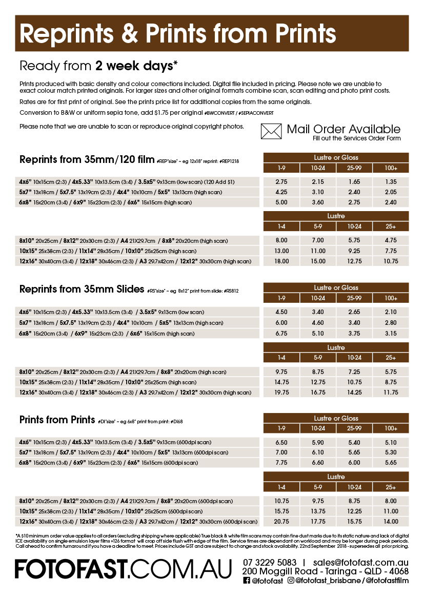 Price list for reprints and prints from prints, including sizes, prices, and estimated turnaround time.