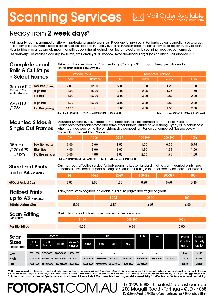 Flyer advertising Fotofast scanning services, including pricing for various services like film, slides, and editing.
