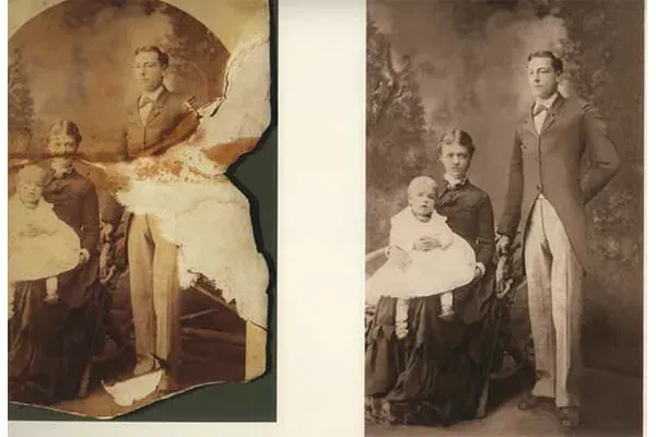 Damaged sepia-toned photo. A family portrait with a man, woman, and child. The restored version shows them in formal attire.