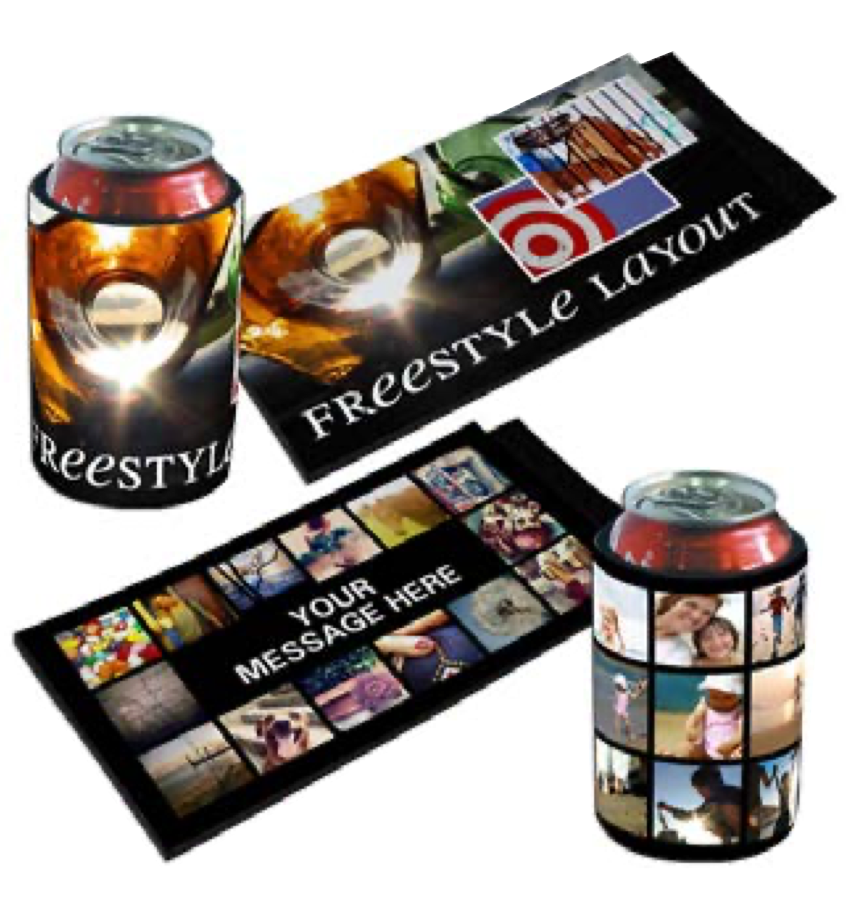 Person holding a koozie featuring a brown dog’s portrait. A campfire burns in the background, suggesting an outdoor setting.