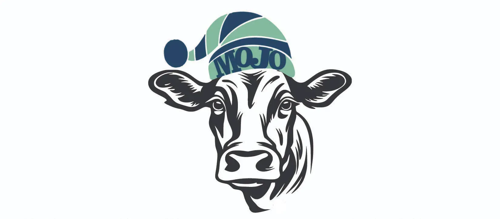 Cow wearing a striped, green and blue hat with the word 