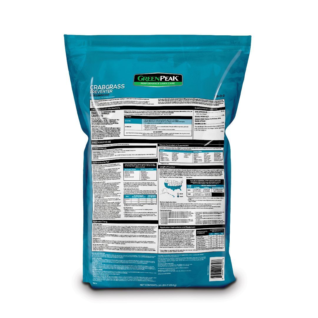 The back of a blue bag of greenpeak crabgrass preventer plus lawn food