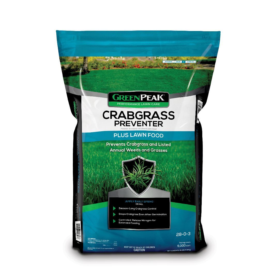 A bag of green peak crabgrass preventer plus lawn food