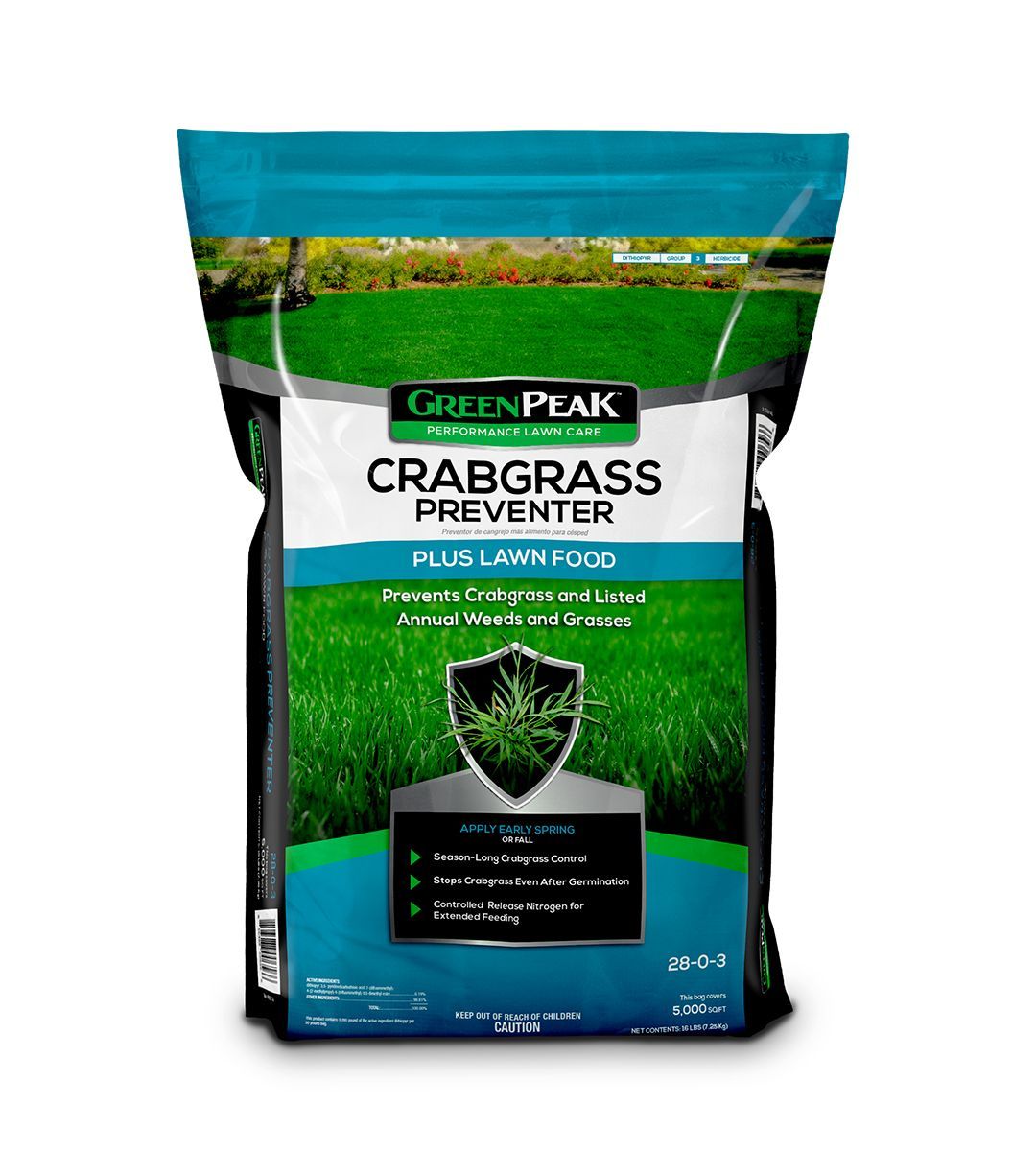 A black, white, and blue bag of green peak crabgrass preventer plus lawn food