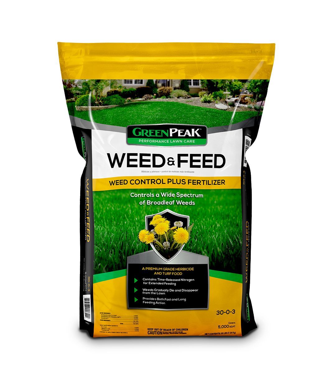 A yellow, white, and black bag of green peak weed and feed on a white background.