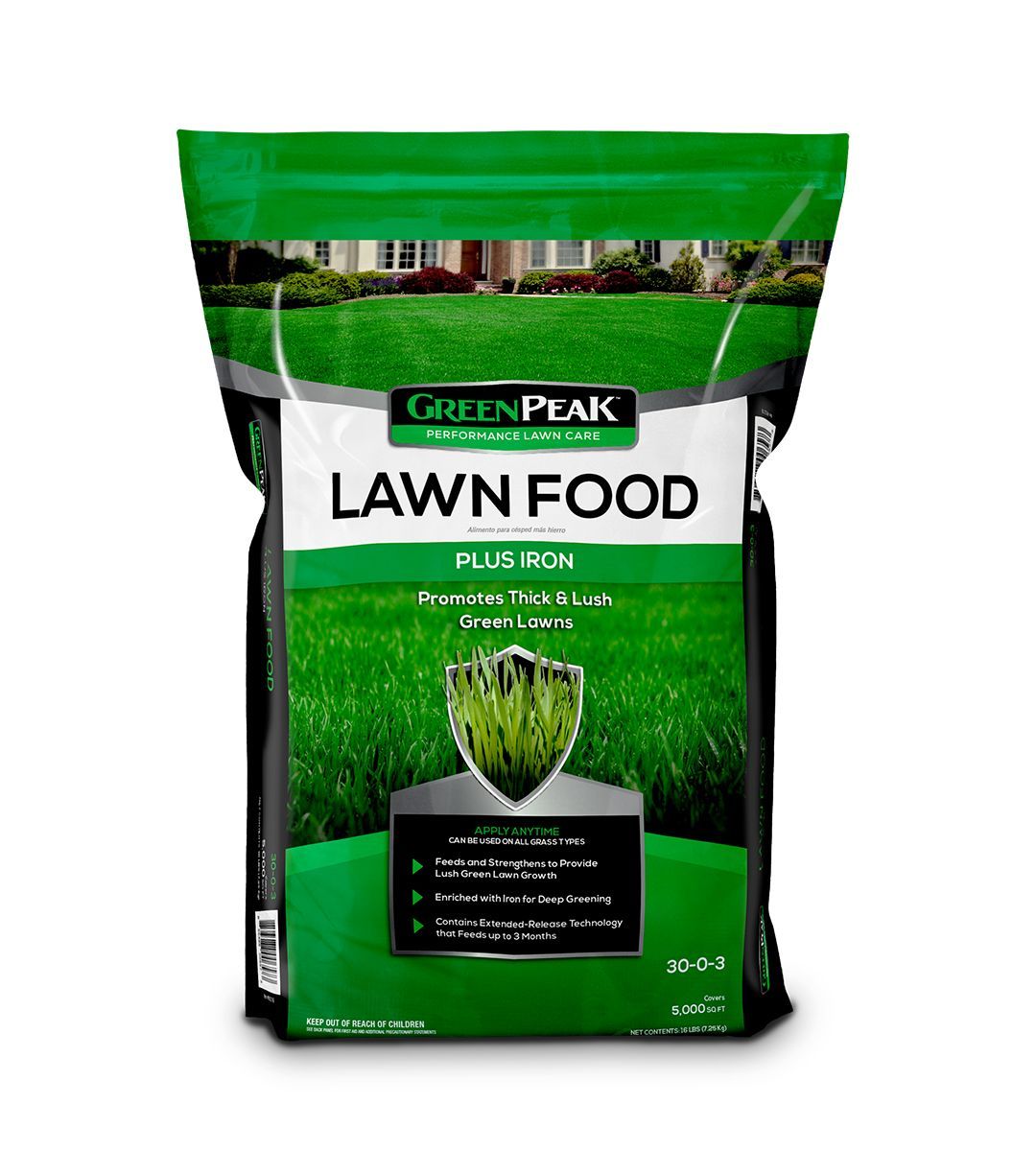 A green, black, and white bag of green peak lawn food plus iron on a white background