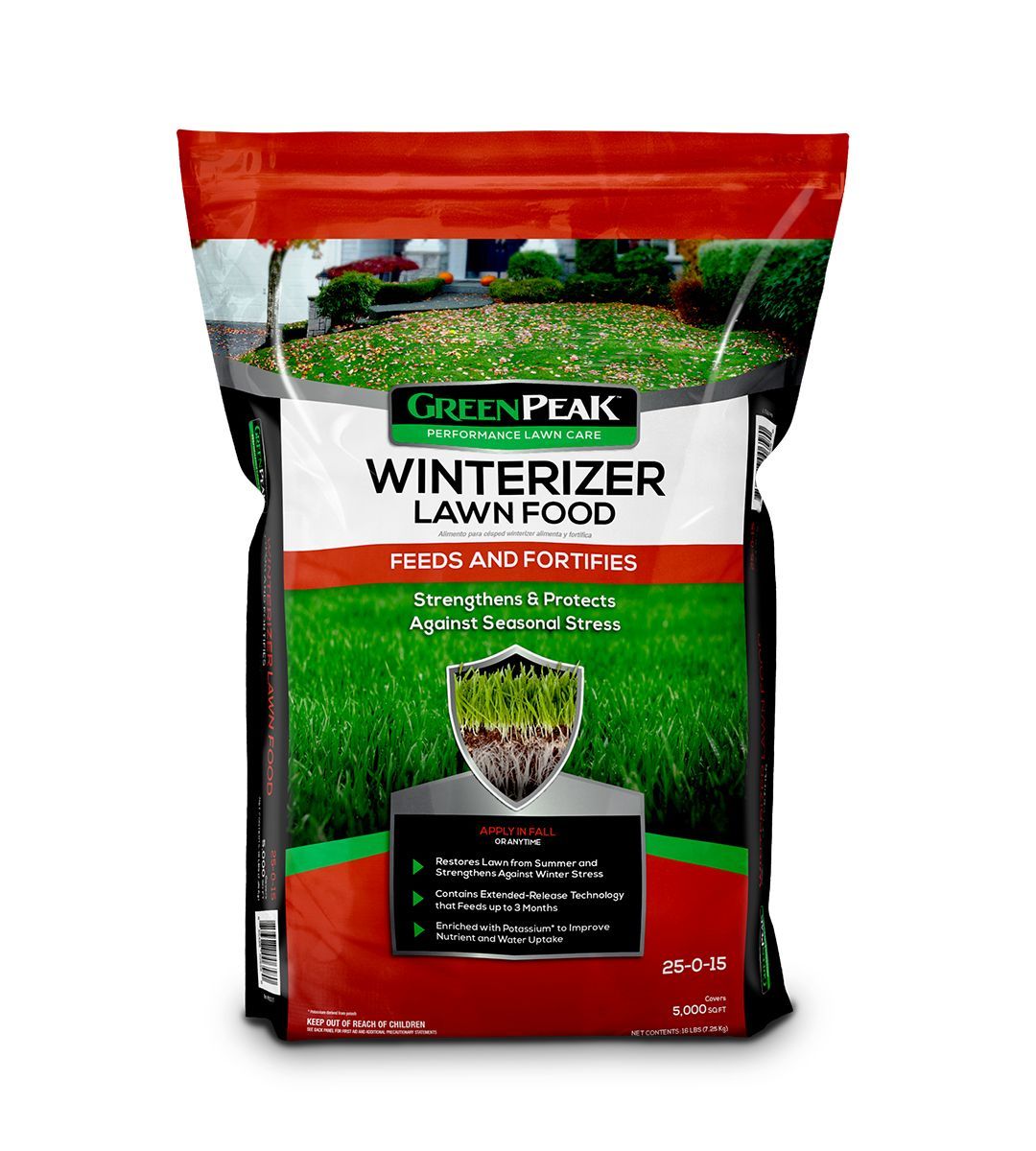 A red, white, and black bag of green peak winterizer lawn food feeds and fortifies on a white background