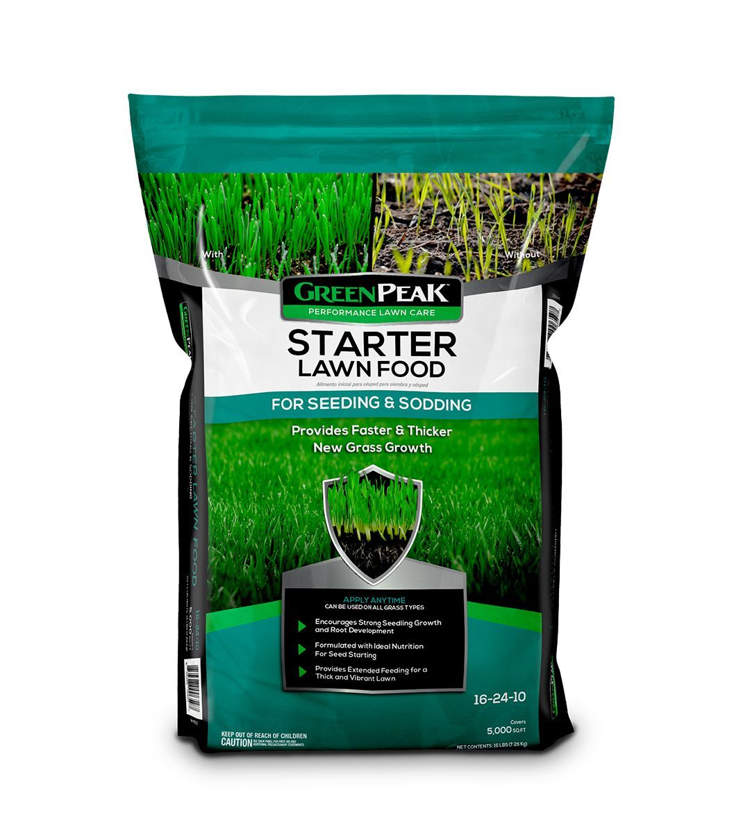 A teal, white, and black bag of green peak starter lawn food for seeding & sodding on a white background.