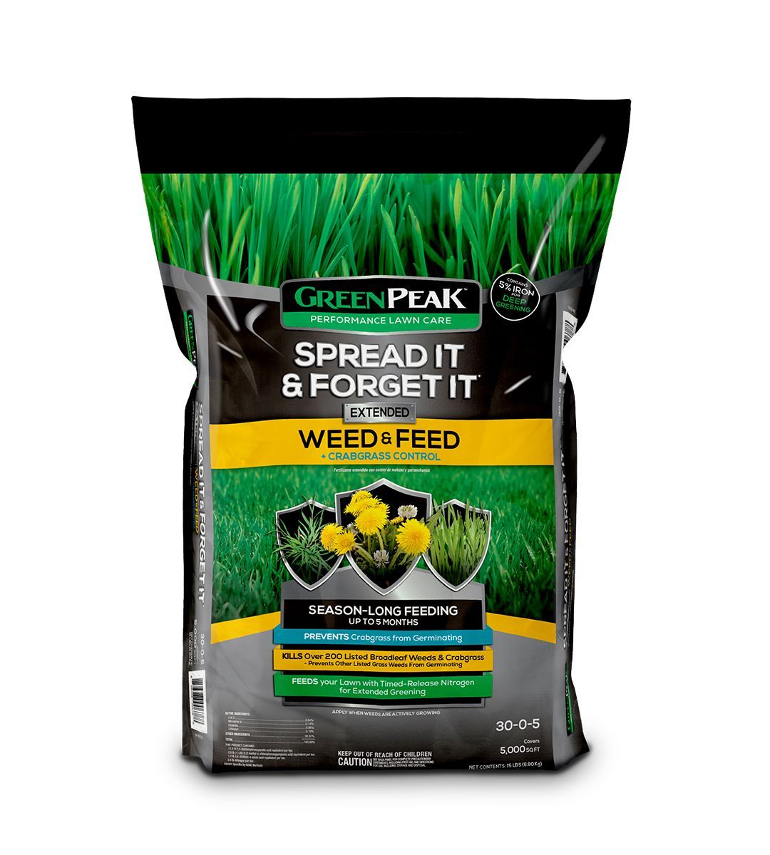 A grey, black and yellow bag of green peak spread it and forget it extended weed & feed + crabgrass control