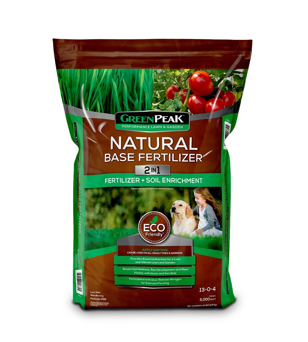 A brown and green bag of green peak natural base fertilizer 2 in 1 fertilizer + soil enrichment on a white background