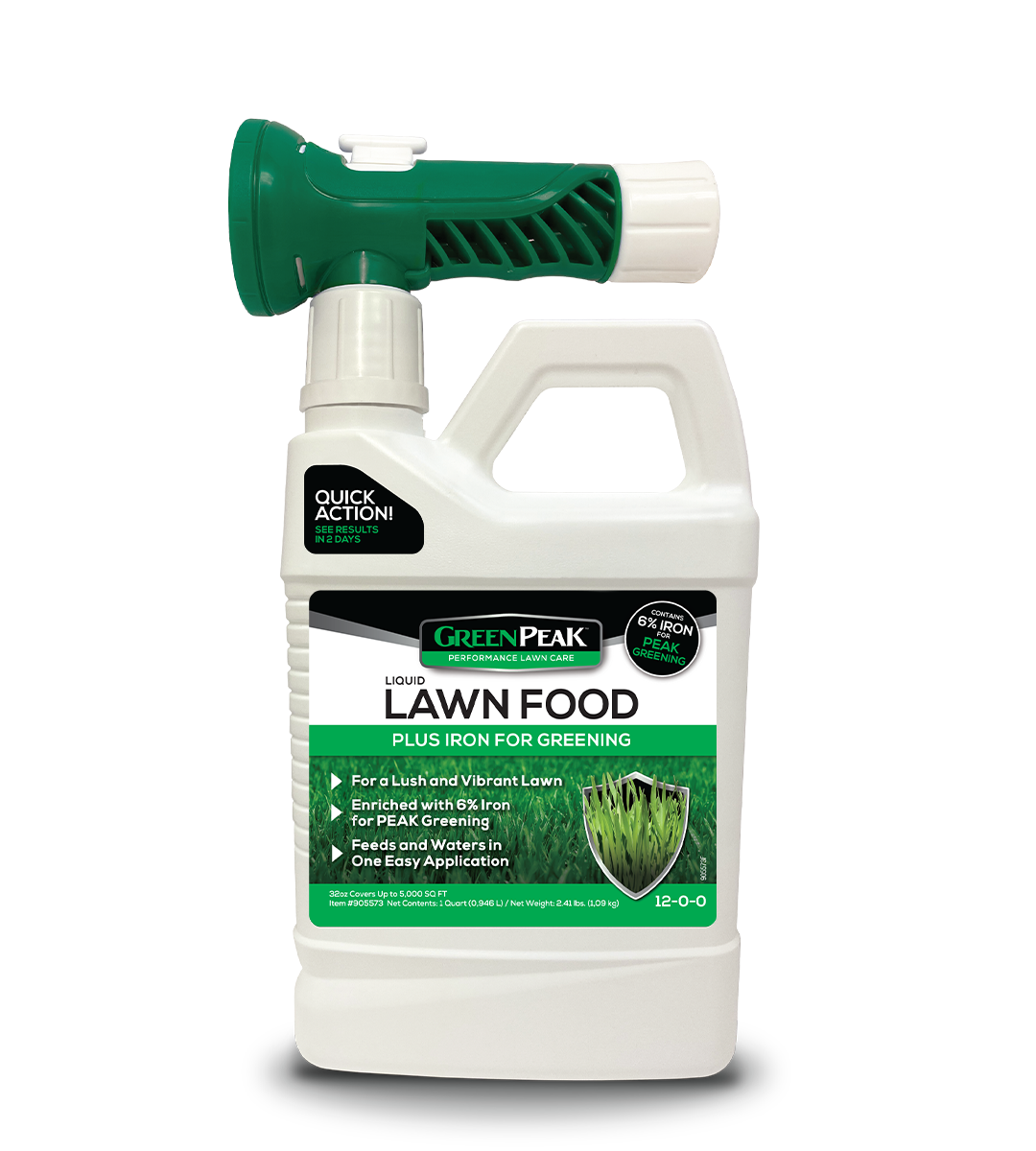 A white bottle with a green, black, and white Green Peak liquid lawn food label with a sprayer attached to it.