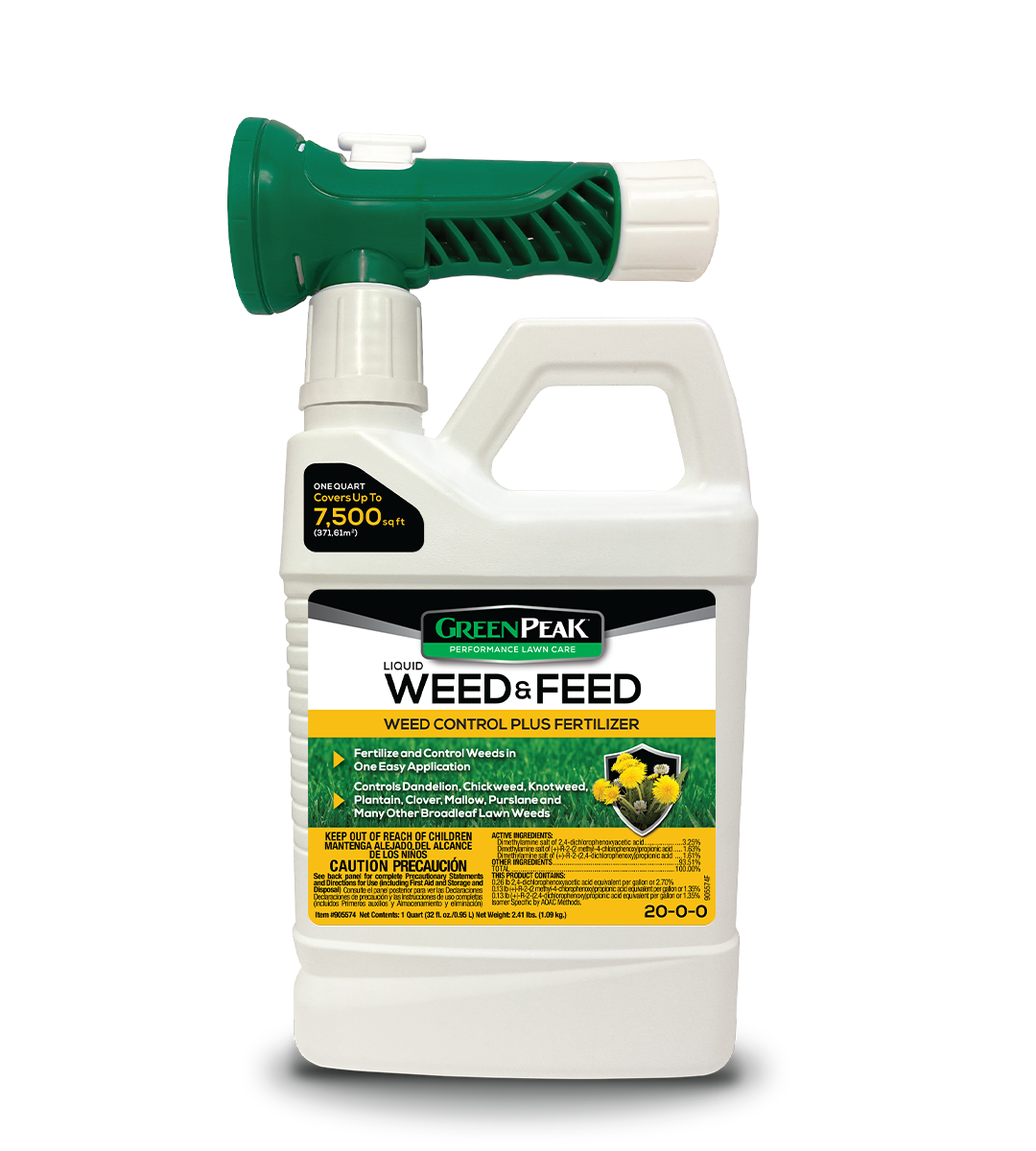 A white bottle with a yellow, black, and white Green Peak liquid weed & feed label with a sprayer attached to it.