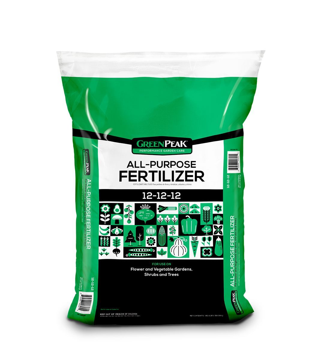 A white, black and green bag of green peak all purpose fertilizer 12-12-12 with veggies, flowers, shrubs, and trees 