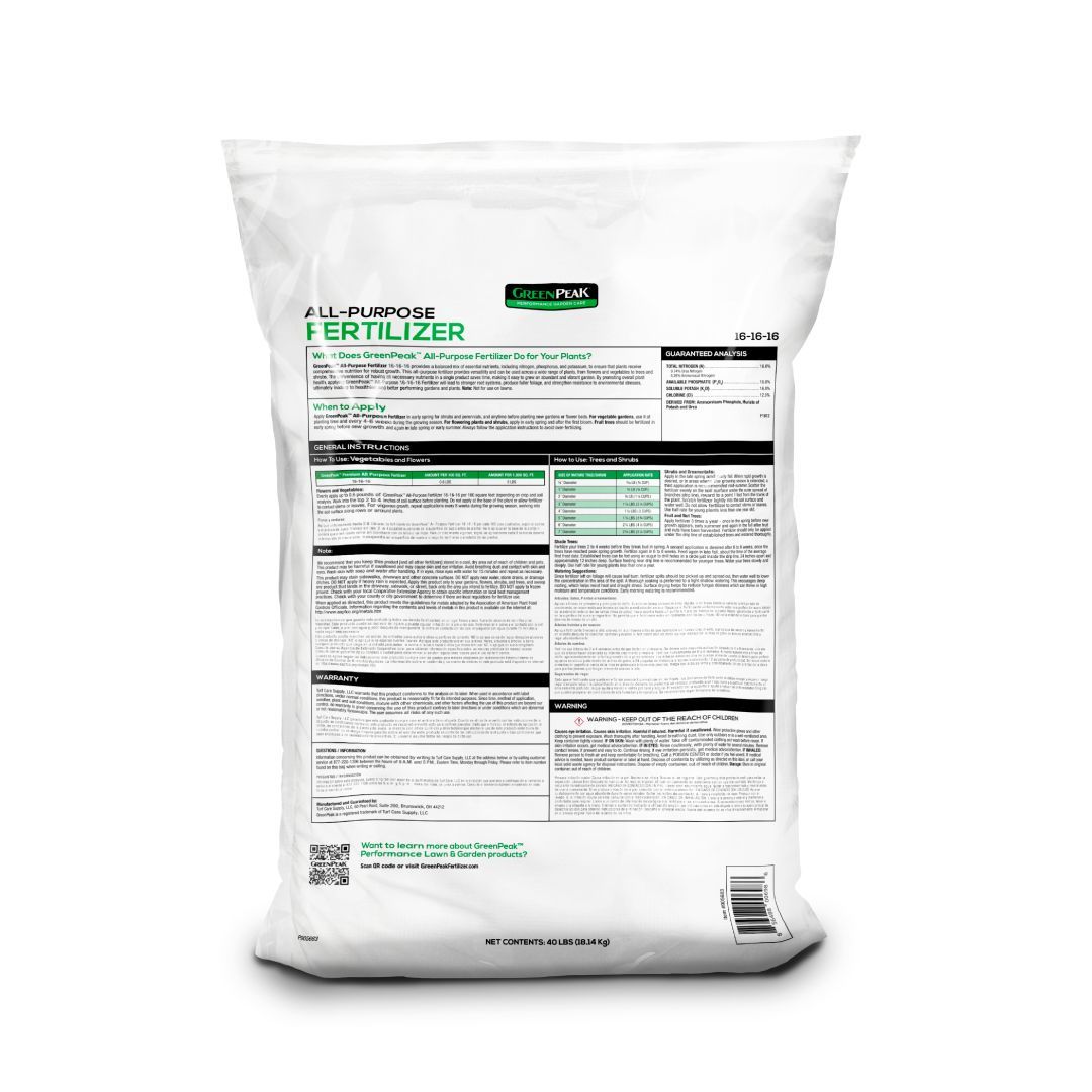 The back of a bag of greenpeak all-purpose fertilizer is shown on a white background.