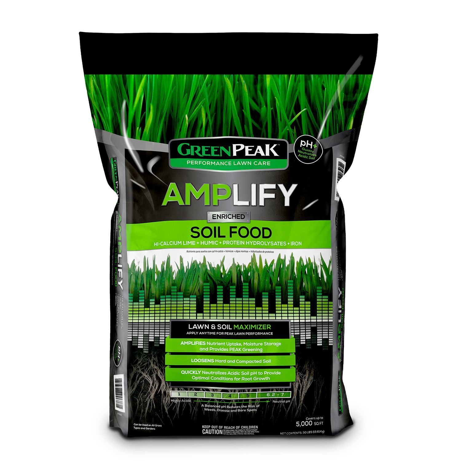A white bottle with a green, black, and white Green Peak liquid lawn food label with a sprayer attached to it.