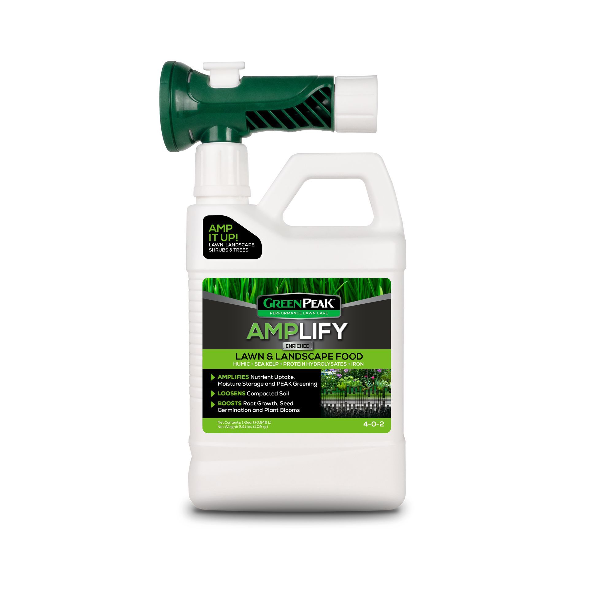 A white bottle of Green Peak Amplify lawn food with a green sprayer attached.