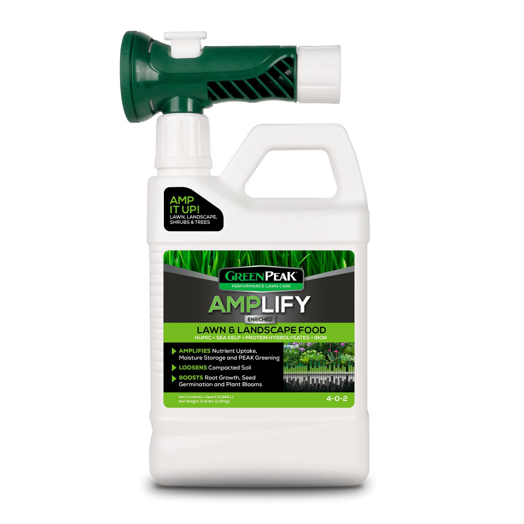 A white bottle with a yellow, black, and white Green Peak liquid weed & feed label with a sprayer attached to it.