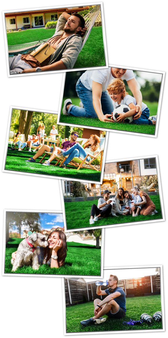 A collage of pictures of people enjoying their lush green lawn. Soccer, BBQ, Dogs, and Family & Friends.