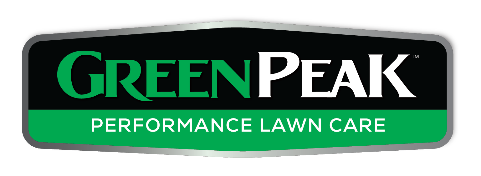 The logo for GreenPeak Performance Lawn Care with a silver border and featuring green, black, and white colors