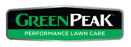 The logo for GreenPeak Performance Lawn Care with a silver border and featuring green, black, and white colors