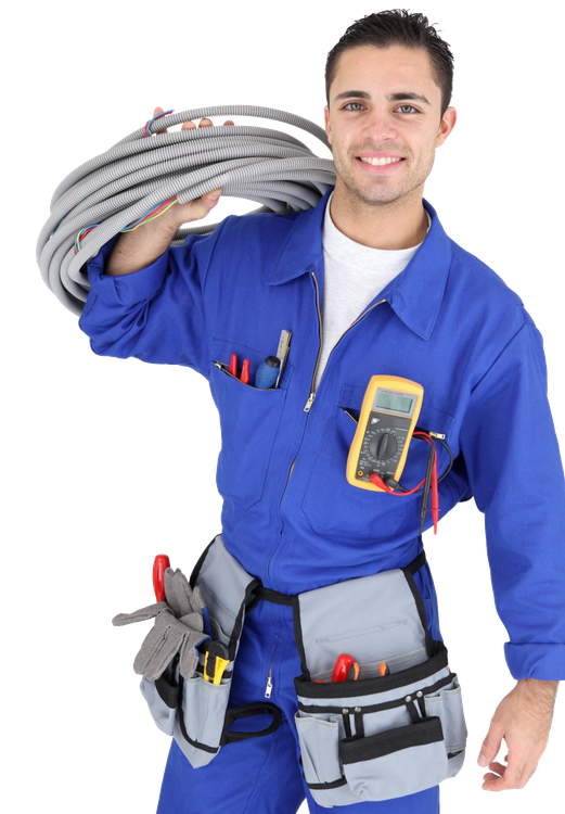 A man in a blue uniform is holding a coil of wires