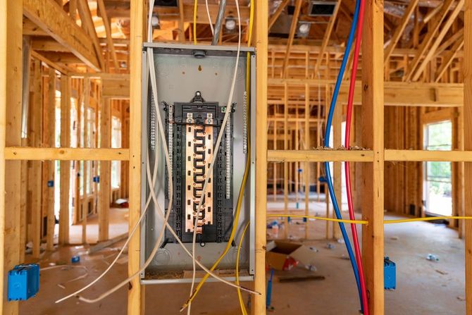 A house is being built with a lot of wires coming out of it.