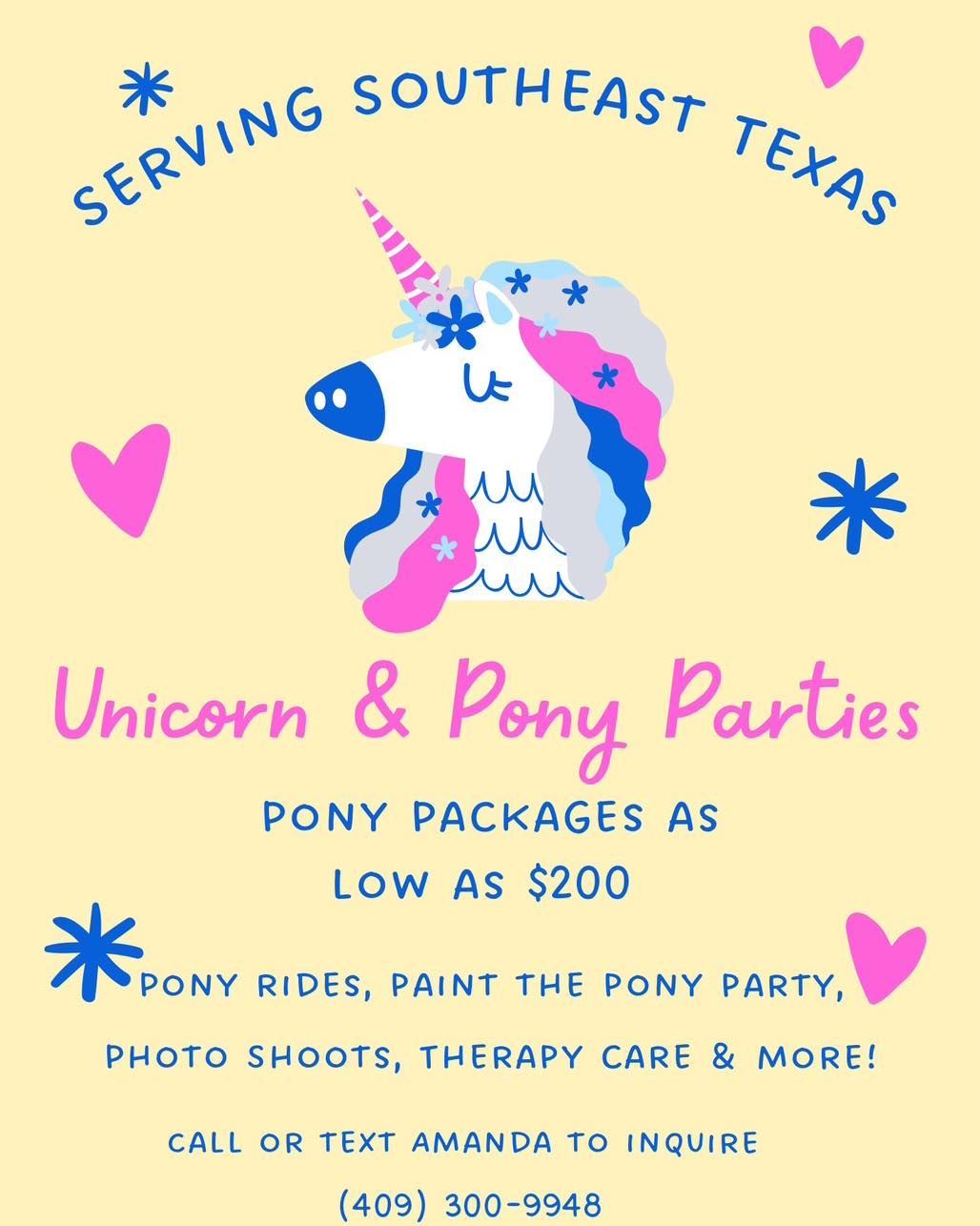 An advertisement for unicorn and pony parties in southeast texas