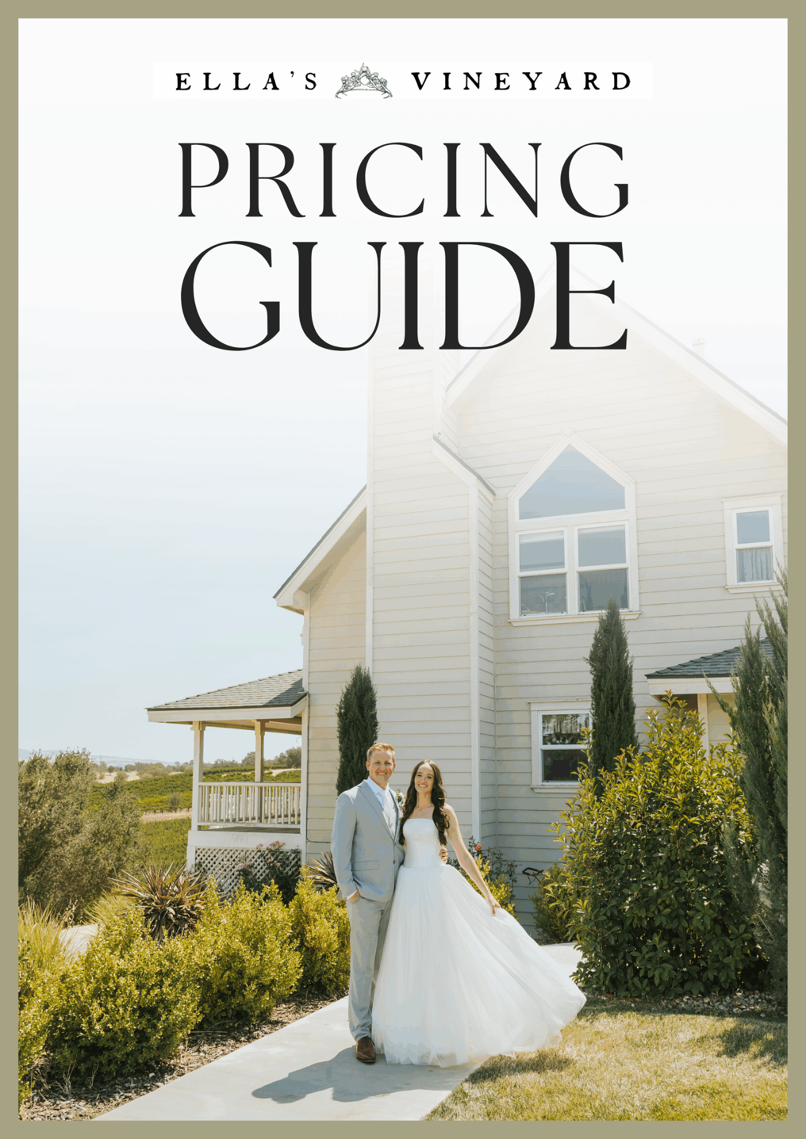 Pricing guide cover. A couple poses in front of a white building with landscaping.