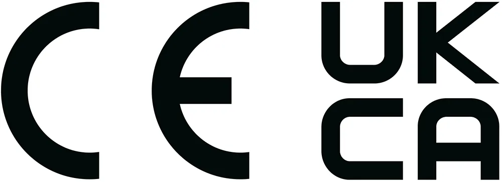 CE and UKCA logos in black on a white background.