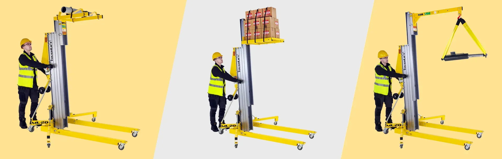 A montage of three images of an ML-20 material lift with pipe cradle, load platform, and boom fitted, all lifting loads.
