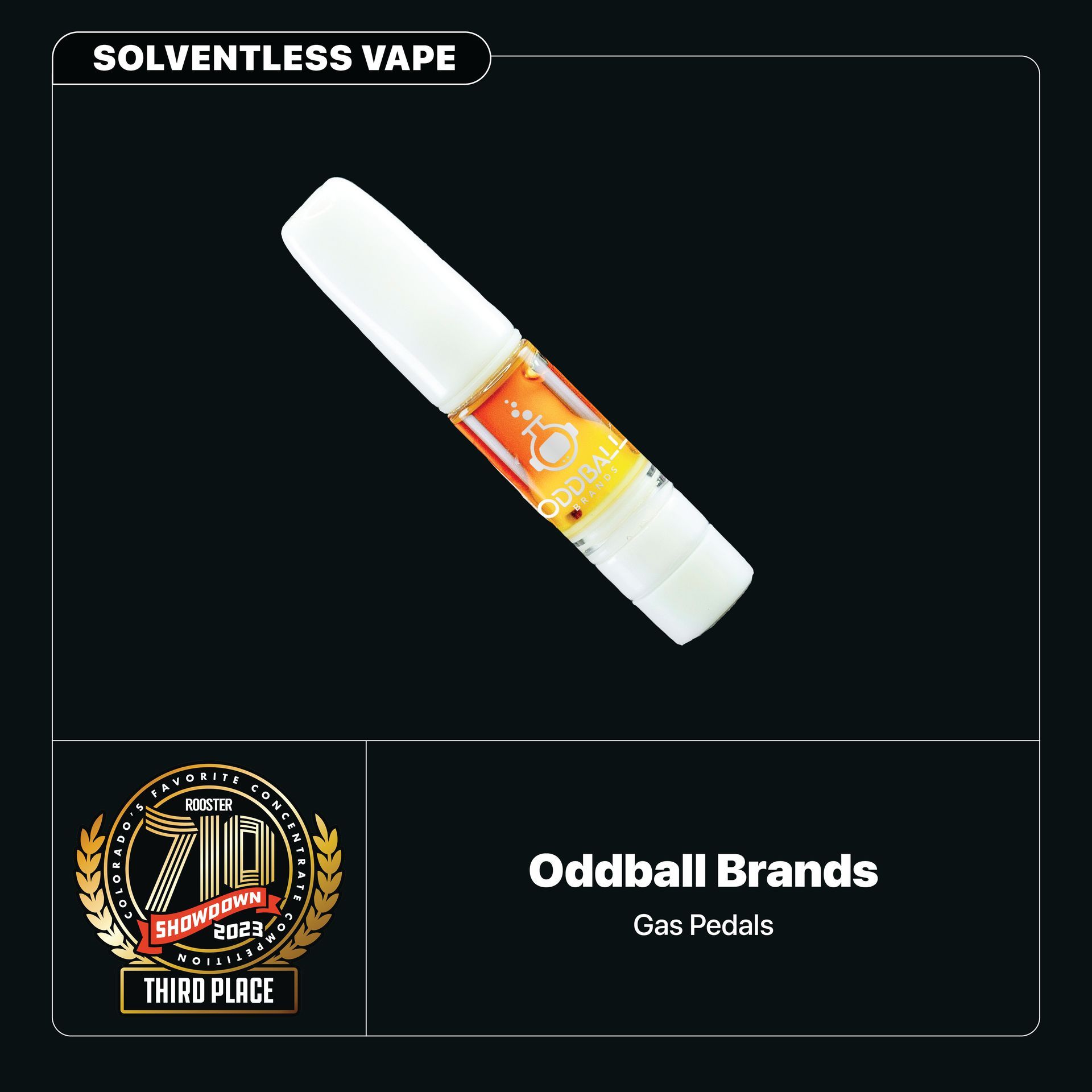A bottle of oddball brands solventless vape on a black background