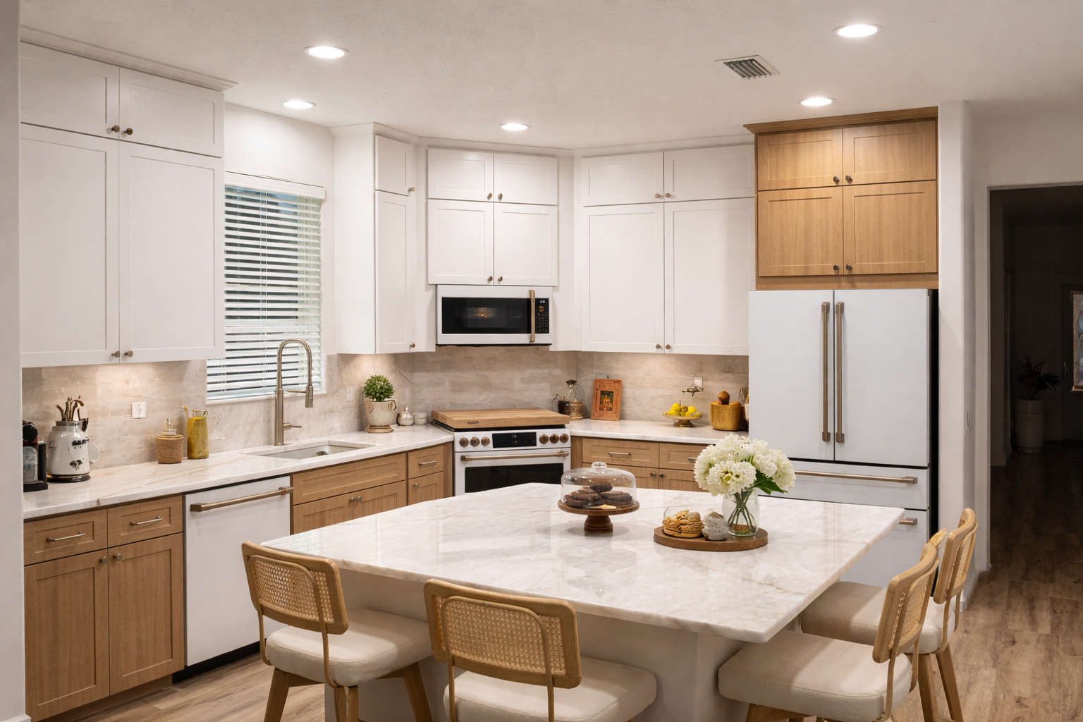 Modern kitchen with white and wood cabinets, island, stainless appliances.