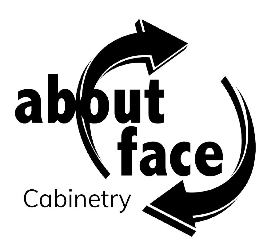 Logo for "about face" cabinetry; text framed by two arrows forming a circular motion.