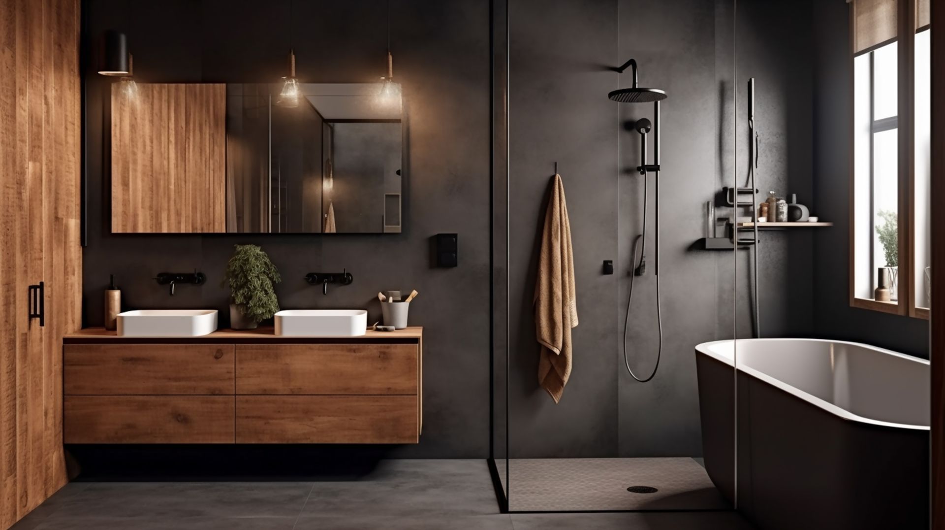 Modern bathroom with wooden vanity, dark gray walls, glass shower, and freestanding tub.