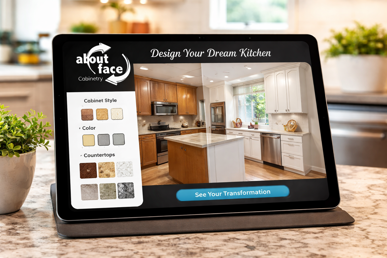 Tablet showing kitchen design tool, 
